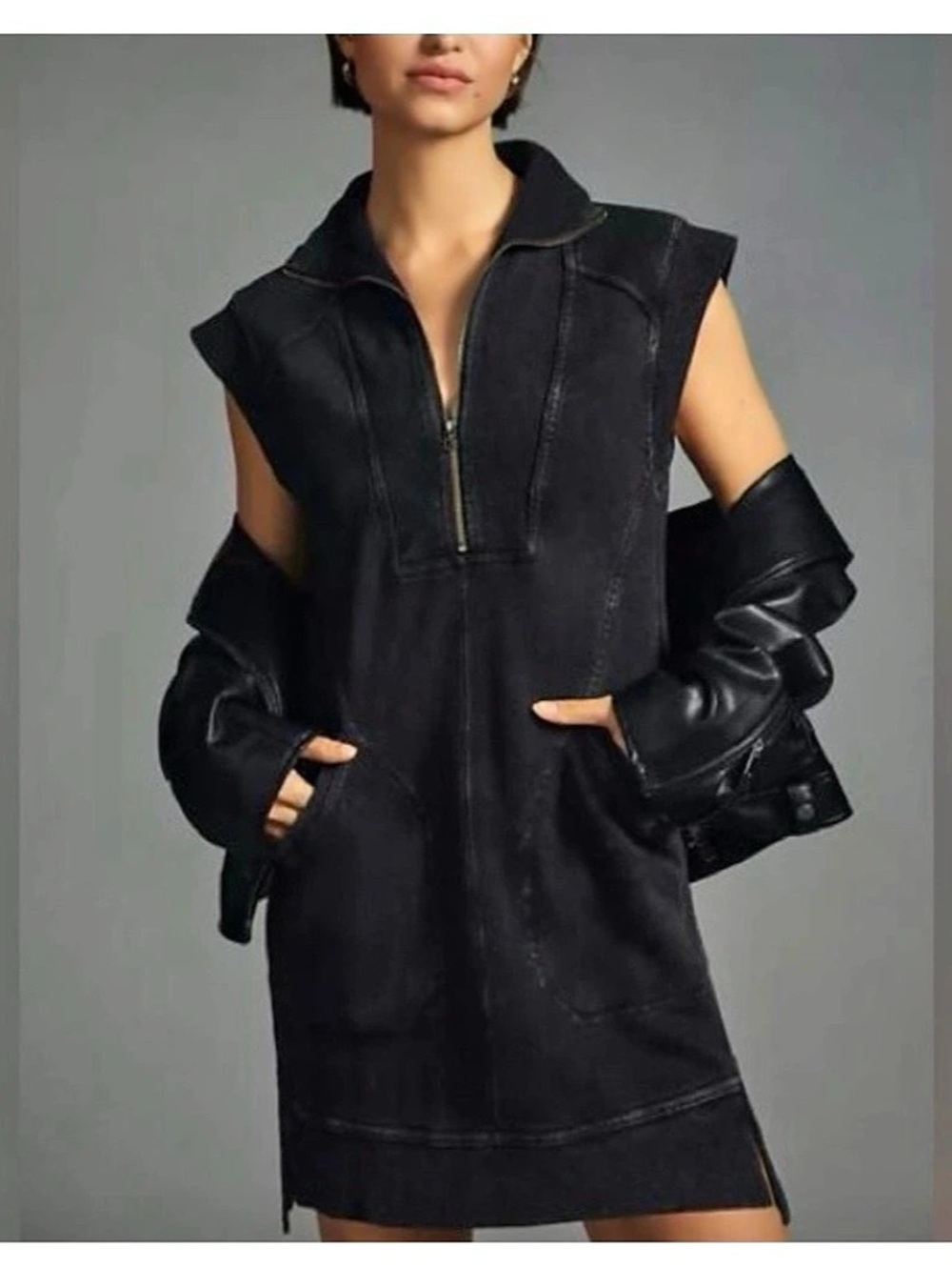 daily practice by anthropologie meru zip-front mini dress in black/charcoal